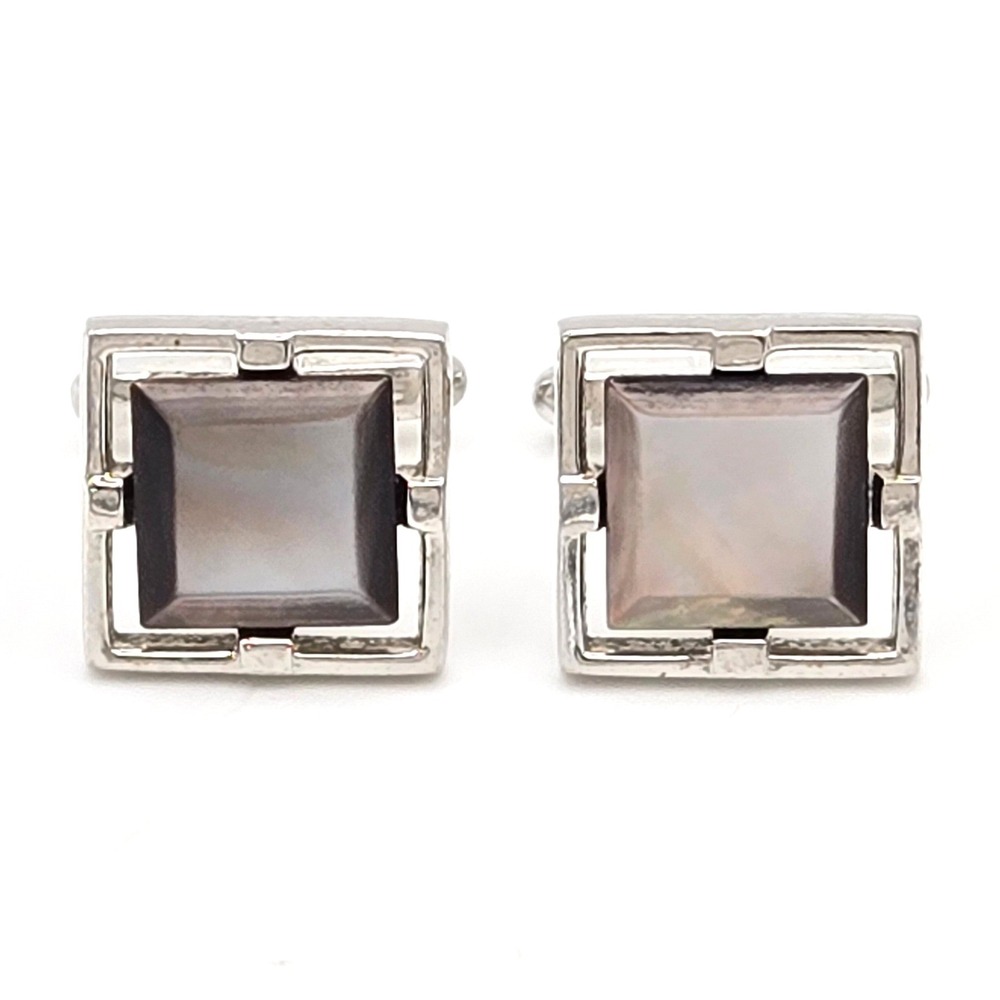 Vintage Hickok Silver Tone Square Mother of Pearl Dark Gray Toggle Cufflinks